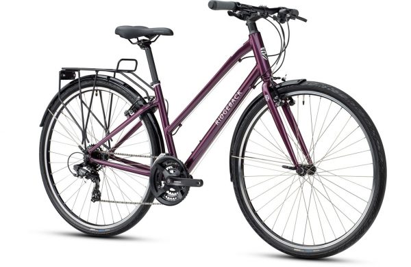 ridgeback speed hybrid city bike purple openframe angle